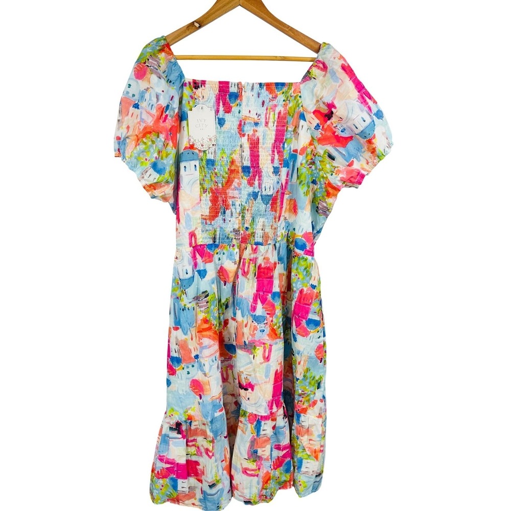 Ivy City Co Myko Dress Watercolor Mediterranean Print Smocked Cotton 3X - Picture 5 of 11